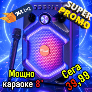 Парти тонколона с БЕЗЖИЧЕН МИКРОФОН, акумулаторна, 8 инча бас, 25W Pmax, до 10 часа безжична работа, караоке